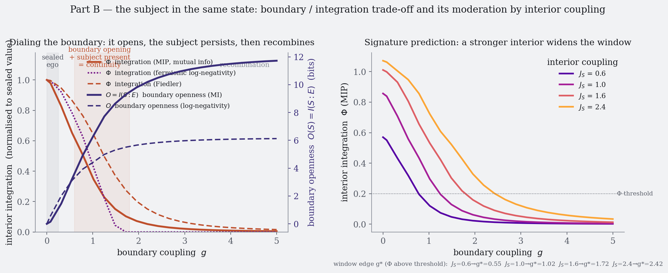 Left: as the boundary coupling rises, boundary openness O(S)=I(S:E) climbs (in both mutual information and log-negativity) while the three interior-integration measures — minimum-information-bipartition, fermionic log-negativity, and Fiedler value — fall together through a continuity window and then erode. Right: the integration curve for four interior couplings, shifting outward as the interior strengthens, so the window widens.
